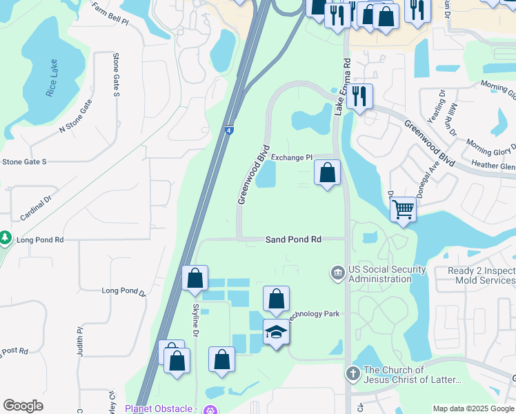 map of restaurants, bars, coffee shops, grocery stores, and more near 1101 Greenwood Boulevard in Lake Mary