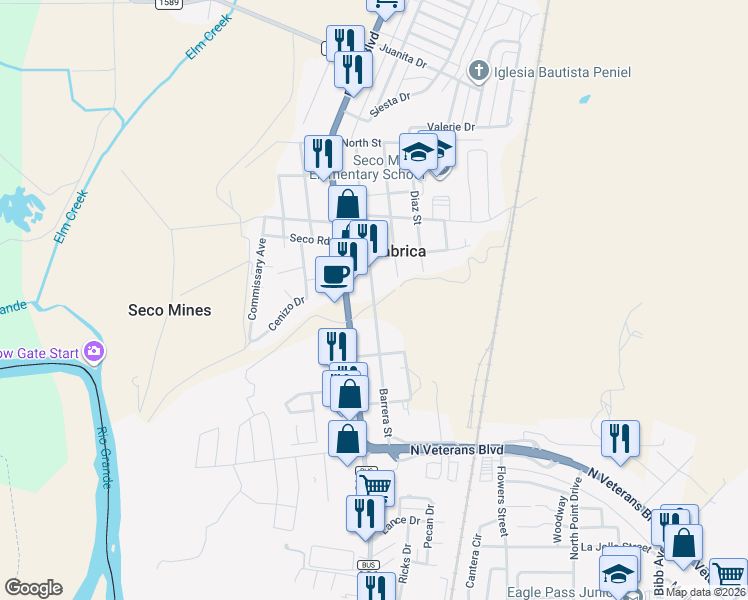 map of restaurants, bars, coffee shops, grocery stores, and more near 2600 Barrera Street in Eagle Pass