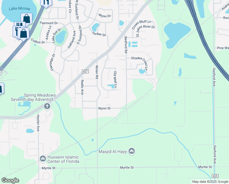 map of restaurants, bars, coffee shops, grocery stores, and more near 4310 Meeting Place in Sanford
