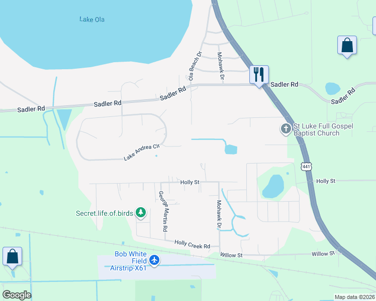 map of restaurants, bars, coffee shops, grocery stores, and more near 7401 Lake Marni Court in Mount Dora
