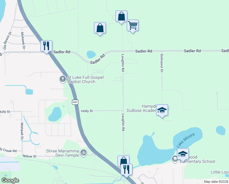 map of restaurants, bars, coffee shops, grocery stores, and more near 4190 Laughlin Road in Mount Dora
