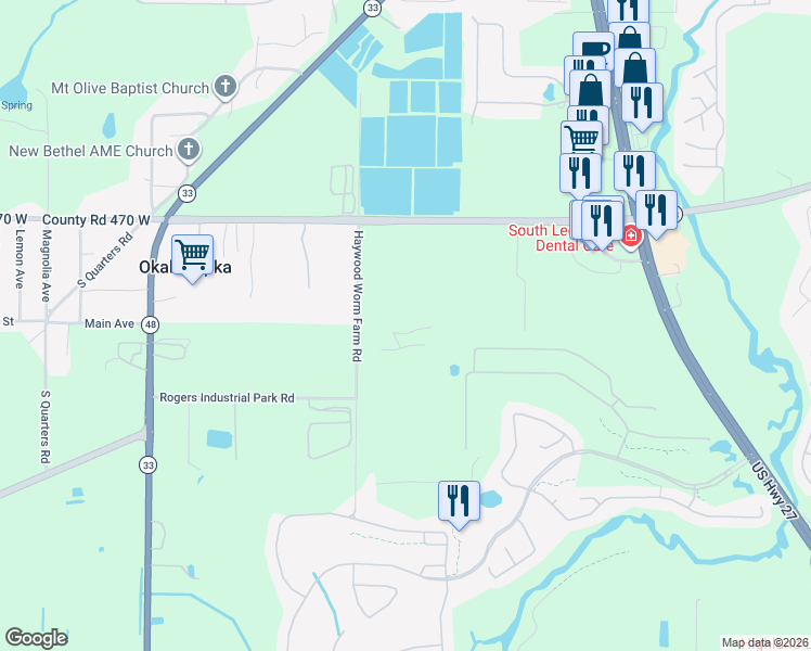 map of restaurants, bars, coffee shops, grocery stores, and more near 27300 Haywood Worm Farm Road in Okahumpka