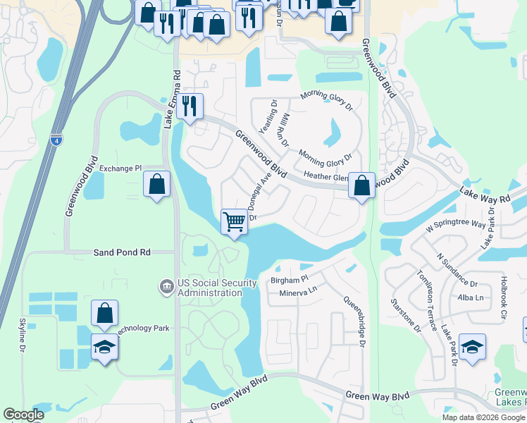 map of restaurants, bars, coffee shops, grocery stores, and more near 231 Donegal Avenue in Lake Mary
