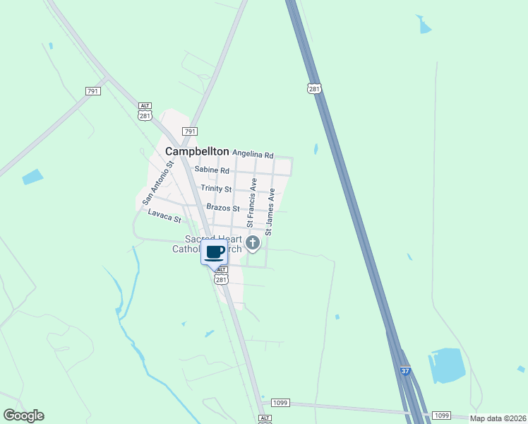 map of restaurants, bars, coffee shops, grocery stores, and more near 290 Brazos Street in Campbellton