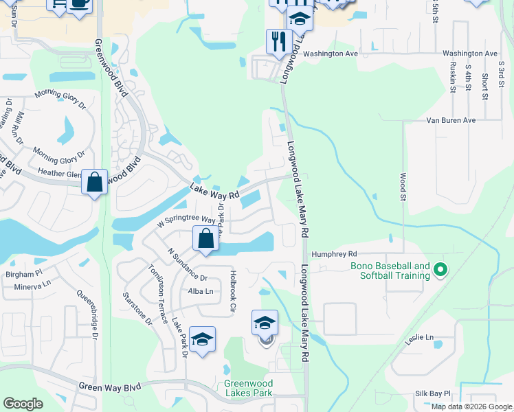map of restaurants, bars, coffee shops, grocery stores, and more near 418 E Springtree Way in Lake Mary
