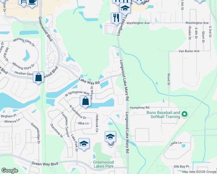 map of restaurants, bars, coffee shops, grocery stores, and more near 418 East Springtree Way in Lake Mary