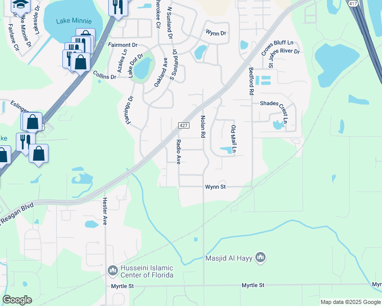 map of restaurants, bars, coffee shops, grocery stores, and more near 1249 Evelyn Street in Sanford