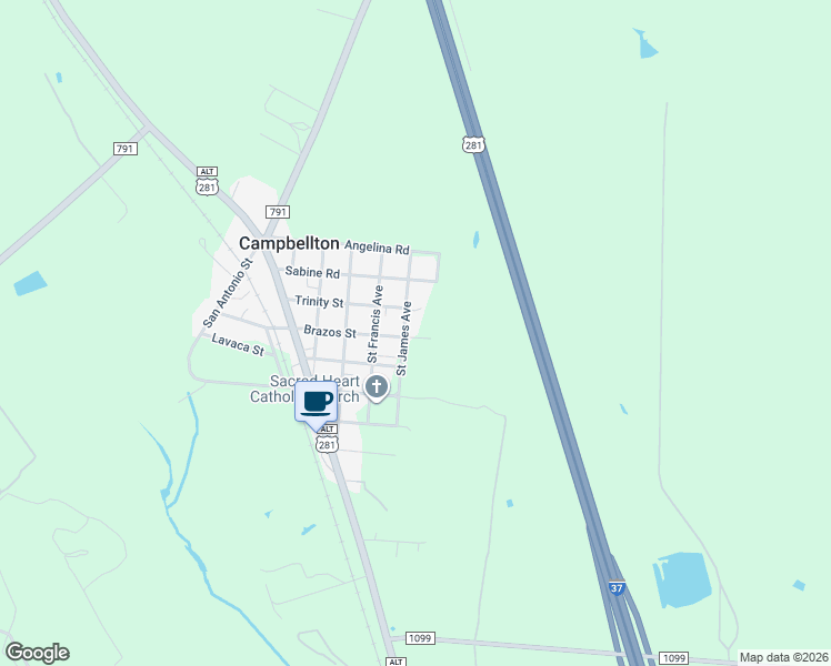 map of restaurants, bars, coffee shops, grocery stores, and more near 290 Brazos Street in Campbellton