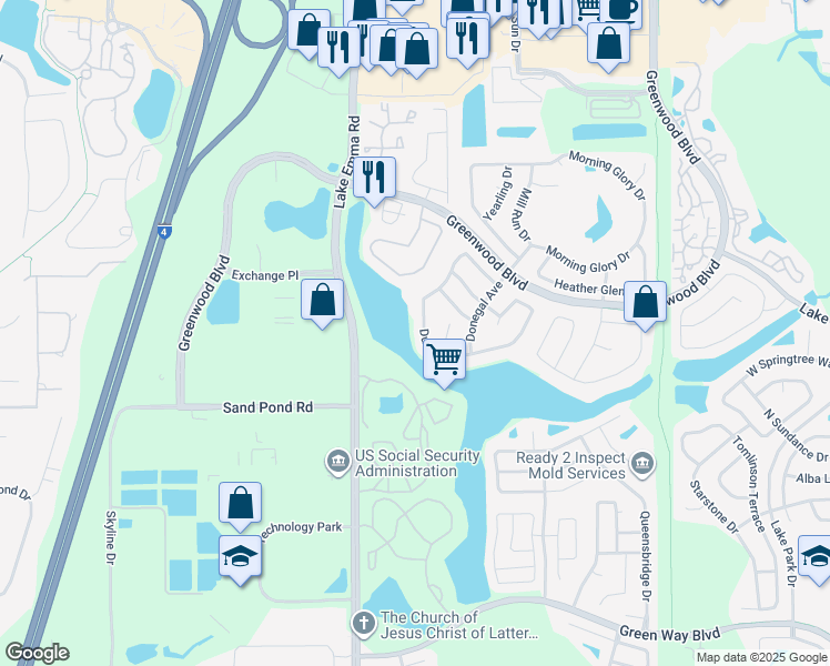 map of restaurants, bars, coffee shops, grocery stores, and more near 204 Dublin Drive in Lake Mary