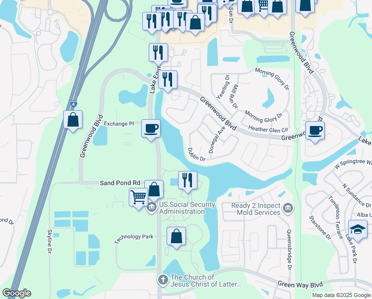 map of restaurants, bars, coffee shops, grocery stores, and more near 204 Dublin Drive in Lake Mary