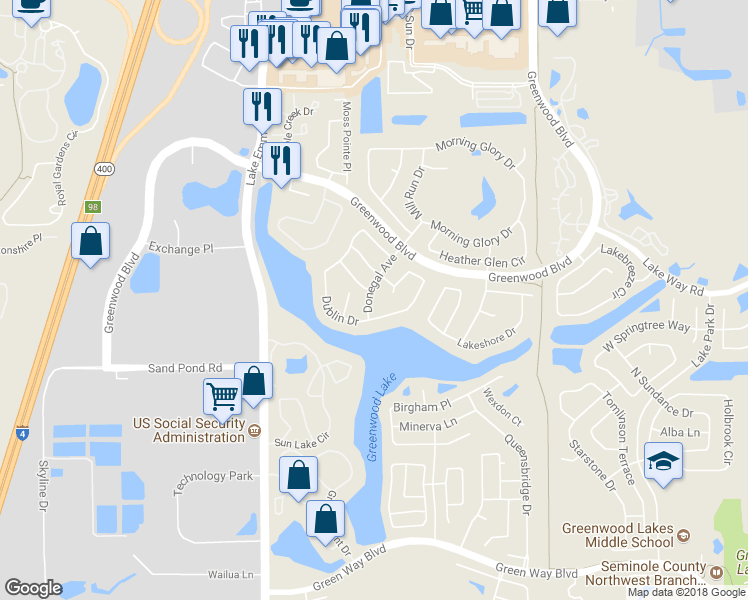 map of restaurants, bars, coffee shops, grocery stores, and more near 231 Donegal Avenue in Lake Mary