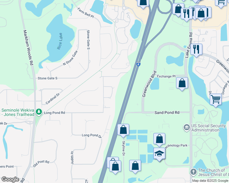 map of restaurants, bars, coffee shops, grocery stores, and more near 1451 Dunbrooke Loop in Longwood