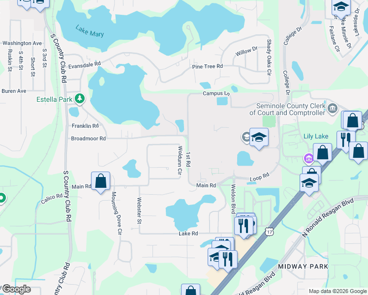 map of restaurants, bars, coffee shops, grocery stores, and more near 425 Woldunn Circle in Lake Mary