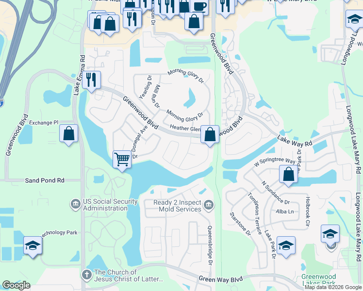 map of restaurants, bars, coffee shops, grocery stores, and more near 561 Lakeshore Circle in Lake Mary