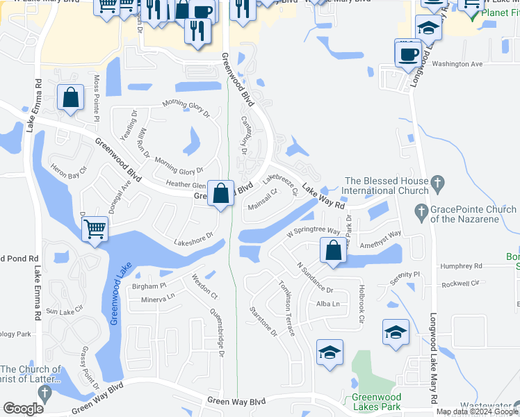 map of restaurants, bars, coffee shops, grocery stores, and more near 437 Mainsail Court in Lake Mary