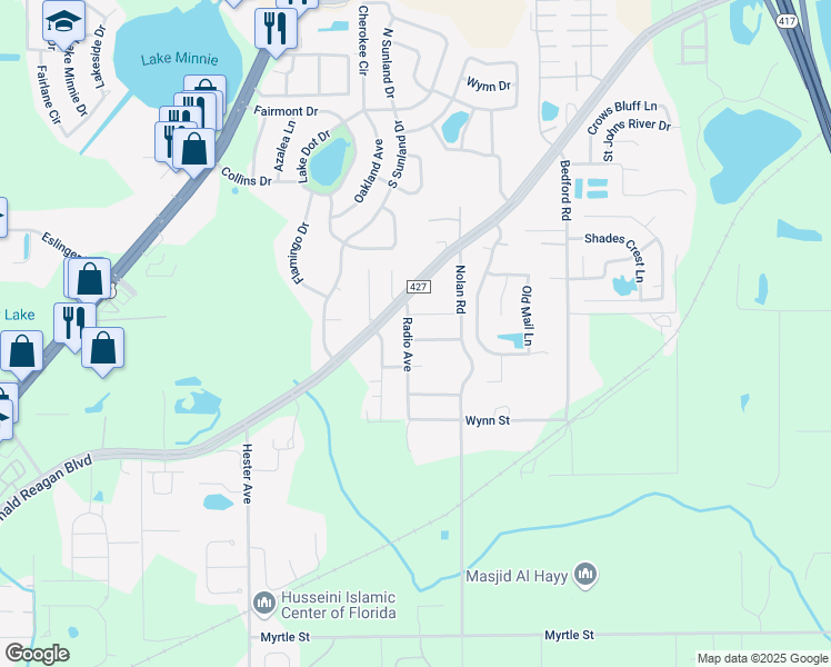 map of restaurants, bars, coffee shops, grocery stores, and more near 1249 Evelyn Street in Sanford