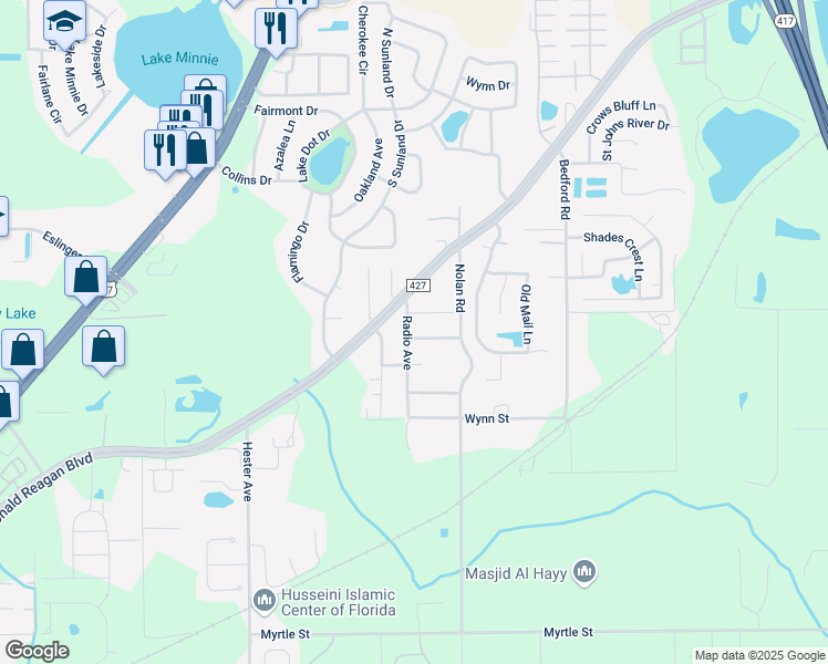 map of restaurants, bars, coffee shops, grocery stores, and more near 1249 Evelyn Street in Sanford