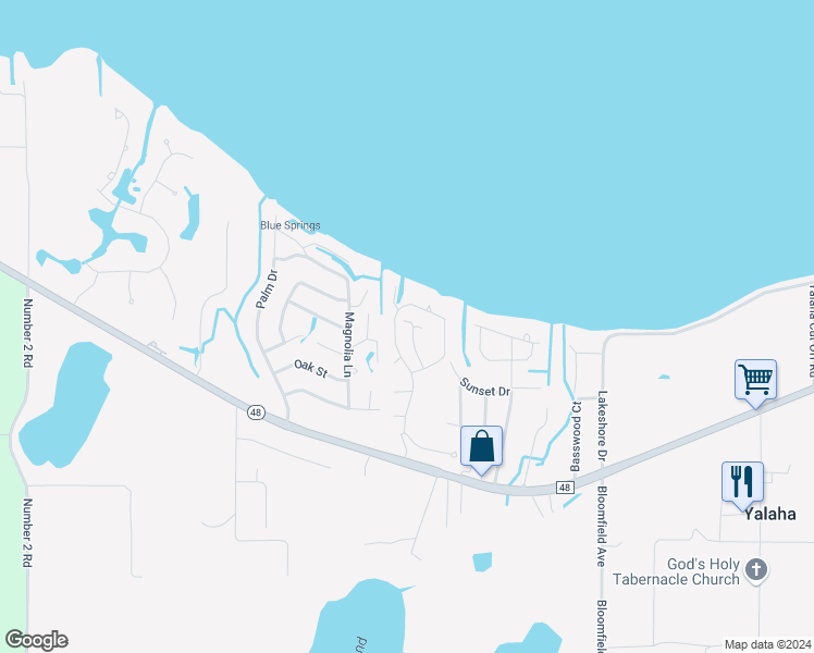 map of restaurants, bars, coffee shops, grocery stores, and more near 203 Waterwood Drive in Yalaha