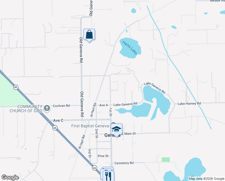 map of restaurants, bars, coffee shops, grocery stores, and more near 3630 Beatrice Cove in Geneva