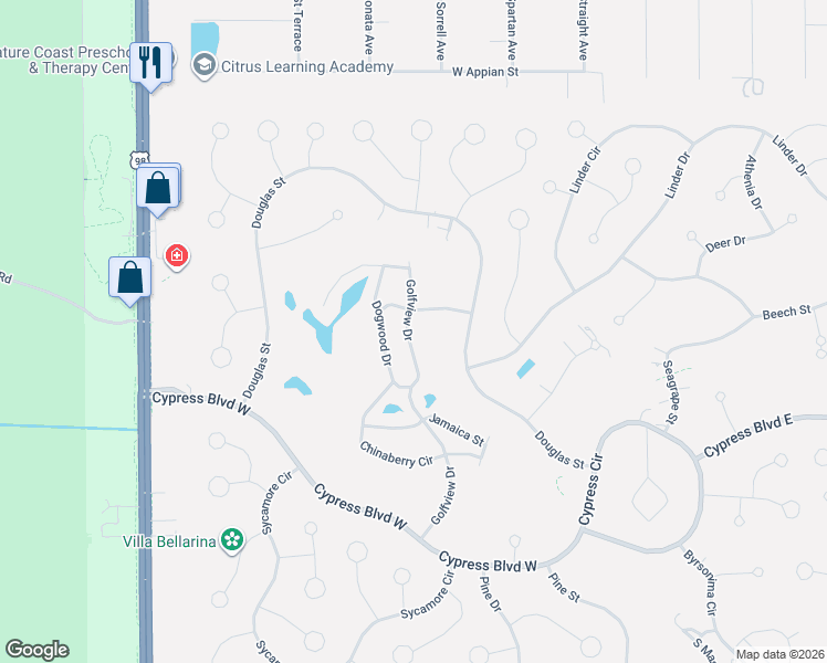 map of restaurants, bars, coffee shops, grocery stores, and more near 83 Golfview Drive in Homosassa