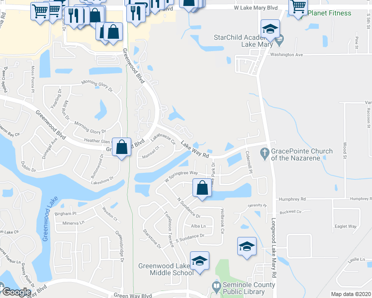 map of restaurants, bars, coffee shops, grocery stores, and more near 601 Spinnaker Way in Lake Mary