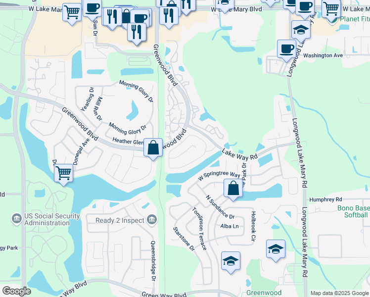 map of restaurants, bars, coffee shops, grocery stores, and more near 420 Mainsail Court in Lake Mary