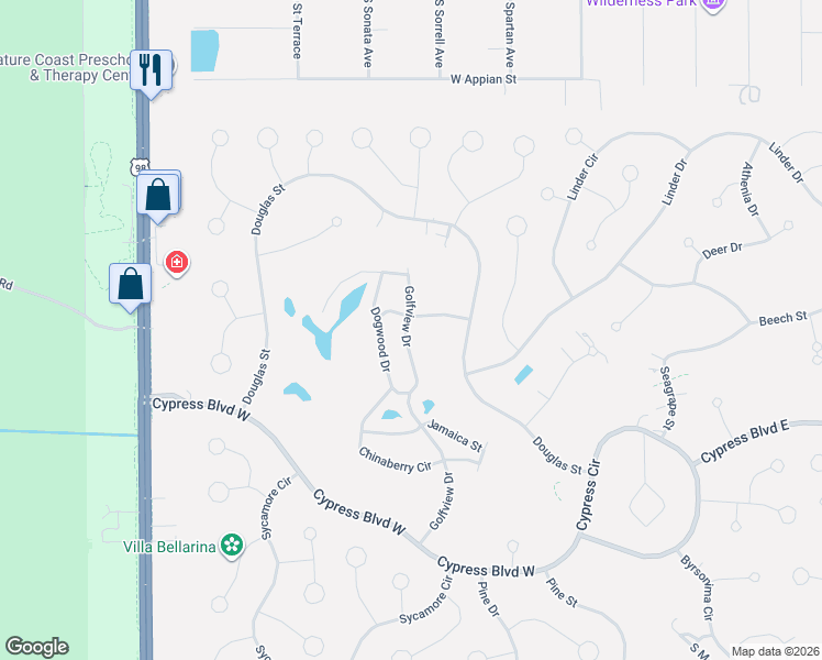 map of restaurants, bars, coffee shops, grocery stores, and more near 95 Golfview Drive in Homosassa