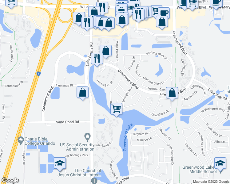 map of restaurants, bars, coffee shops, grocery stores, and more near 117 Bantry Drive in Lake Mary