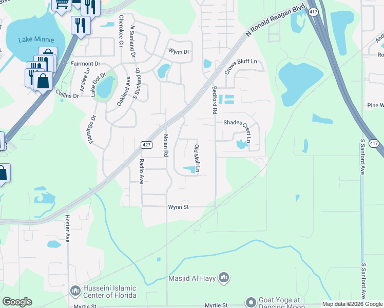 map of restaurants, bars, coffee shops, grocery stores, and more near 4253 Iron Gate Court in Sanford