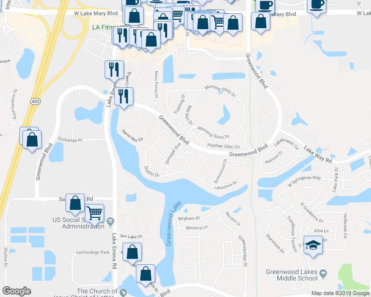 map of restaurants, bars, coffee shops, grocery stores, and more near 324 Dublin Drive in Lake Mary