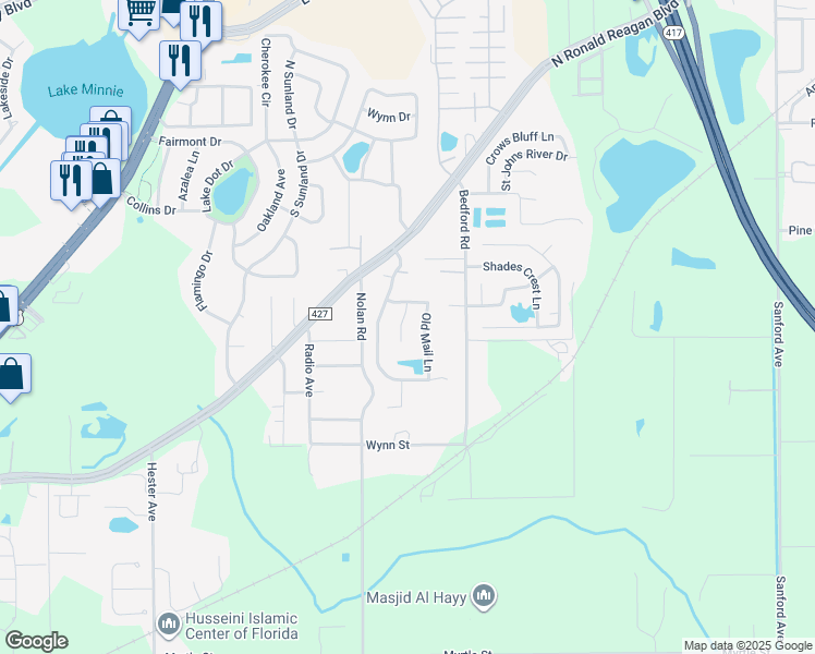 map of restaurants, bars, coffee shops, grocery stores, and more near 4253 Iron Gate Court in Sanford