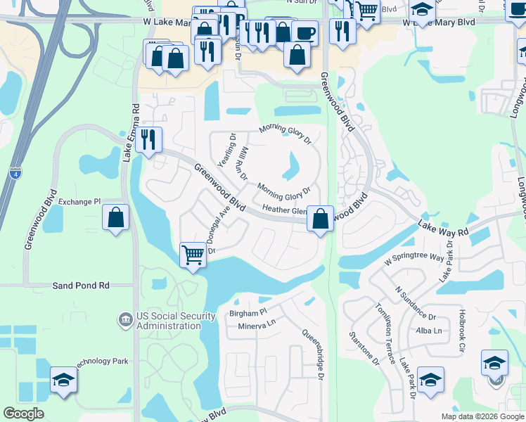 map of restaurants, bars, coffee shops, grocery stores, and more near 841 Heather Glen Circle in Lake Mary