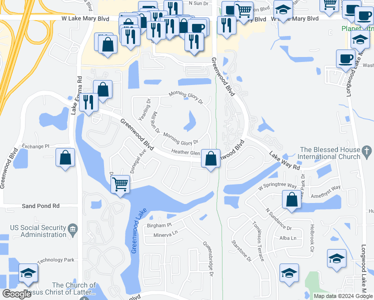 map of restaurants, bars, coffee shops, grocery stores, and more near 804 Heather Glen Circle in Lake Mary