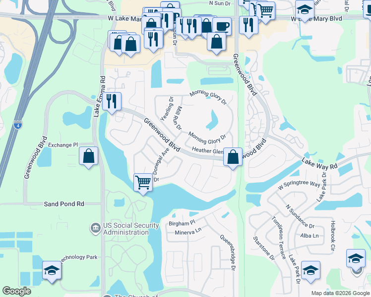 map of restaurants, bars, coffee shops, grocery stores, and more near 841 Heather Glen Circle in Lake Mary