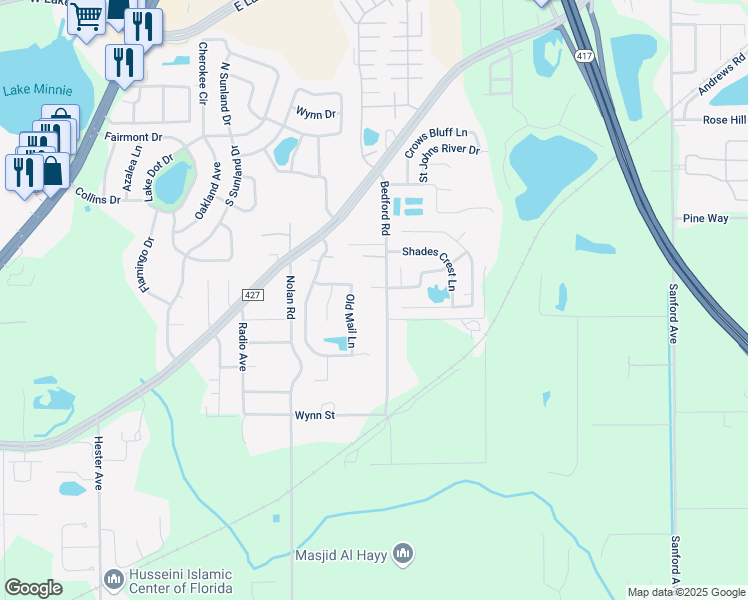 map of restaurants, bars, coffee shops, grocery stores, and more near 4280 Bedford Road in Sanford
