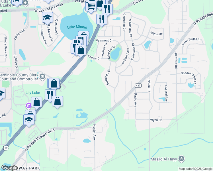 map of restaurants, bars, coffee shops, grocery stores, and more near 230 Flamingo Drive in Sanford