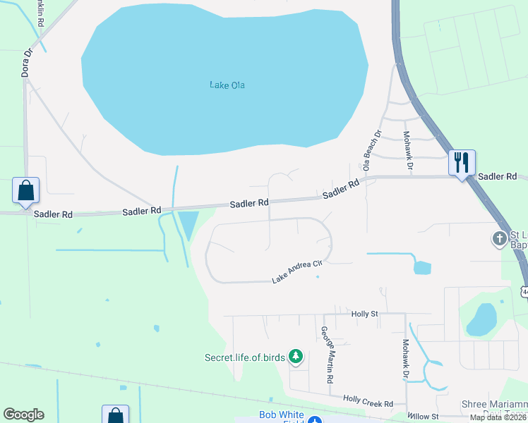 map of restaurants, bars, coffee shops, grocery stores, and more near 7610 Teakwood Place in Mount Dora
