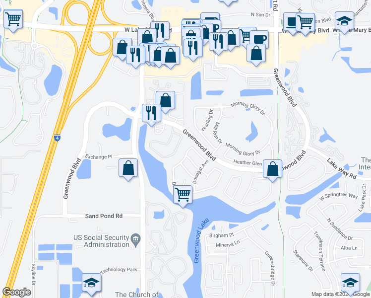map of restaurants, bars, coffee shops, grocery stores, and more near 144 Dublin Drive in Lake Mary