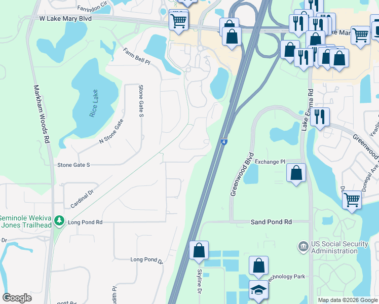 map of restaurants, bars, coffee shops, grocery stores, and more near 1082 Royal Gardens Circle in Lake Mary