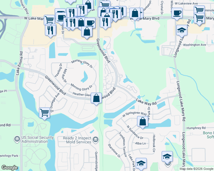 map of restaurants, bars, coffee shops, grocery stores, and more near 363 Chaucer Lane South in Lake Mary