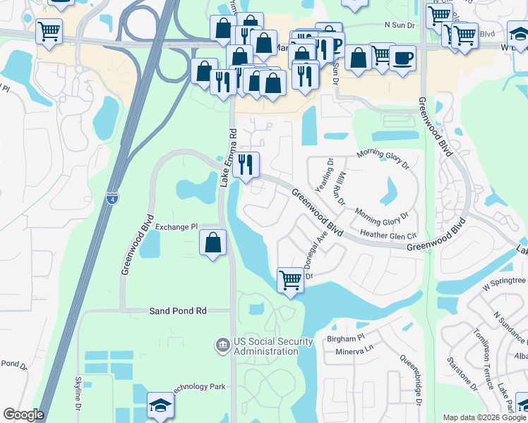 map of restaurants, bars, coffee shops, grocery stores, and more near 129 Heron Bay Circle in Lake Mary