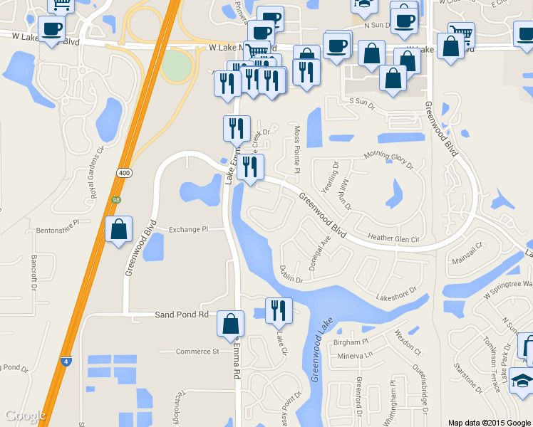 map of restaurants, bars, coffee shops, grocery stores, and more near 129 Heron Bay Circle in Lake Mary