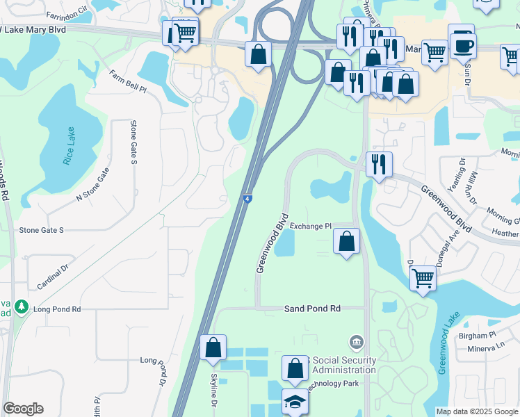 map of restaurants, bars, coffee shops, grocery stores, and more near 1064 Greenwood Boulevard in Lake Mary