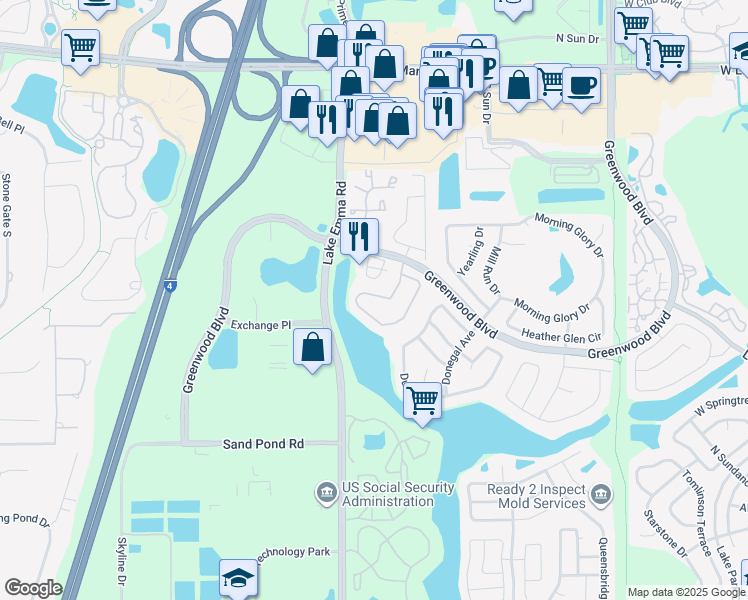 map of restaurants, bars, coffee shops, grocery stores, and more near 129 Heron Bay Circle in Lake Mary