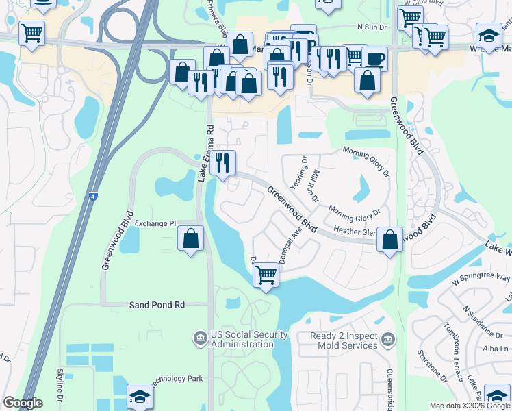 map of restaurants, bars, coffee shops, grocery stores, and more near 217 Heron Bay Circle in Lake Mary