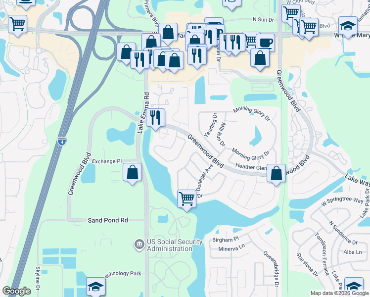 map of restaurants, bars, coffee shops, grocery stores, and more near 220 Heron Bay Circle in Lake Mary