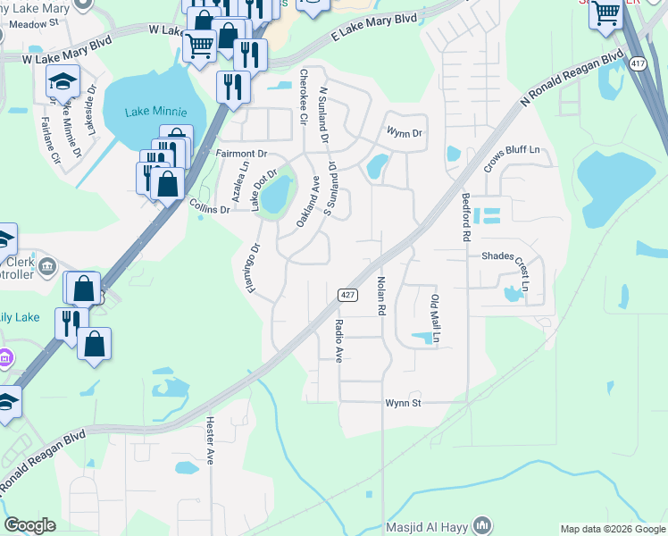 map of restaurants, bars, coffee shops, grocery stores, and more near 617 Mimosa Terrace in Sanford