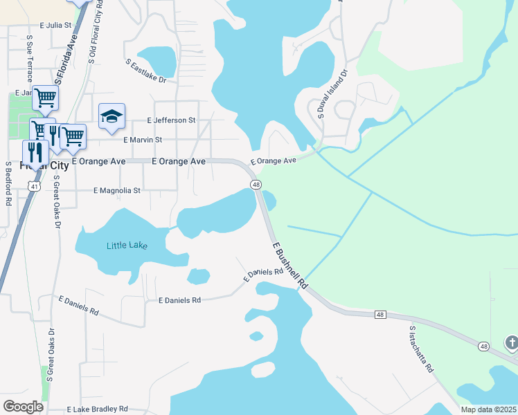 map of restaurants, bars, coffee shops, grocery stores, and more near 9100 East Bushnell Road in Floral City