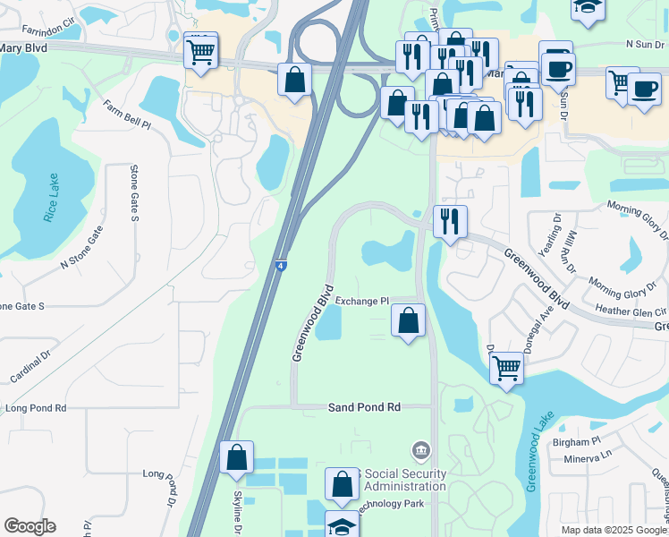 map of restaurants, bars, coffee shops, grocery stores, and more near 1035 Greenwood Boulevard in Lake Mary