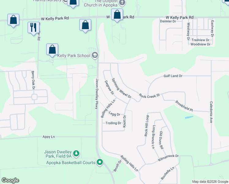map of restaurants, bars, coffee shops, grocery stores, and more near 1172 Degraw Drive in Apopka